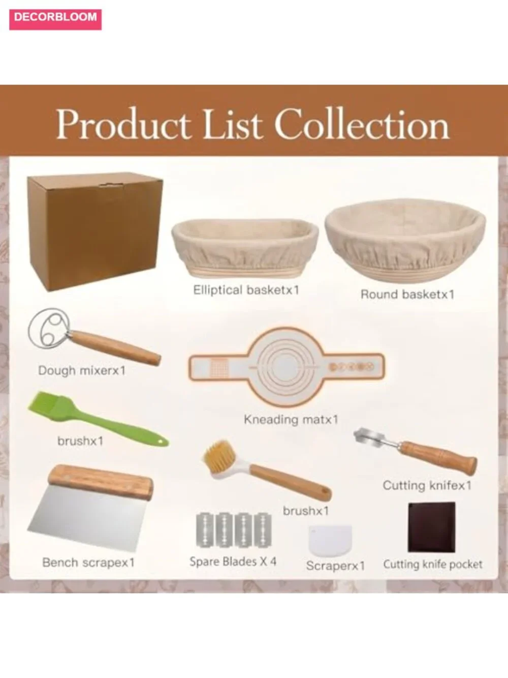 Bread Proofing Basket Set - Rattan Banneton with Lame, Whisk, Scraper